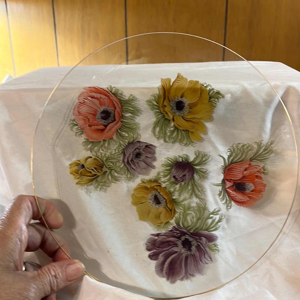 Dinner plate size hand painted flowers on glass plate with gold rim 12in